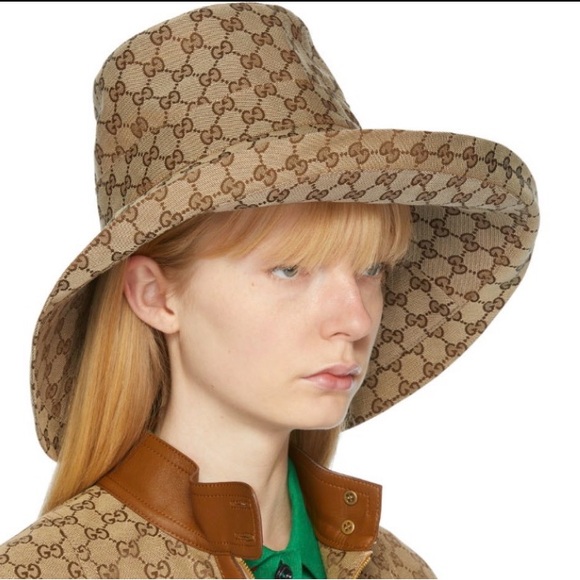 Gucci GG Monogram Bucket Hat Canvas Wide Large Brim Beige Tan Jacquard - Picture 3 of 15